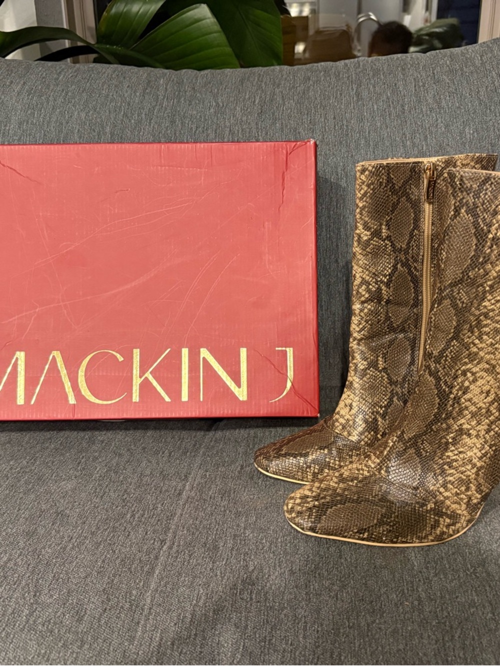 Mackin J Snake-Print High Heel Boots in Brown